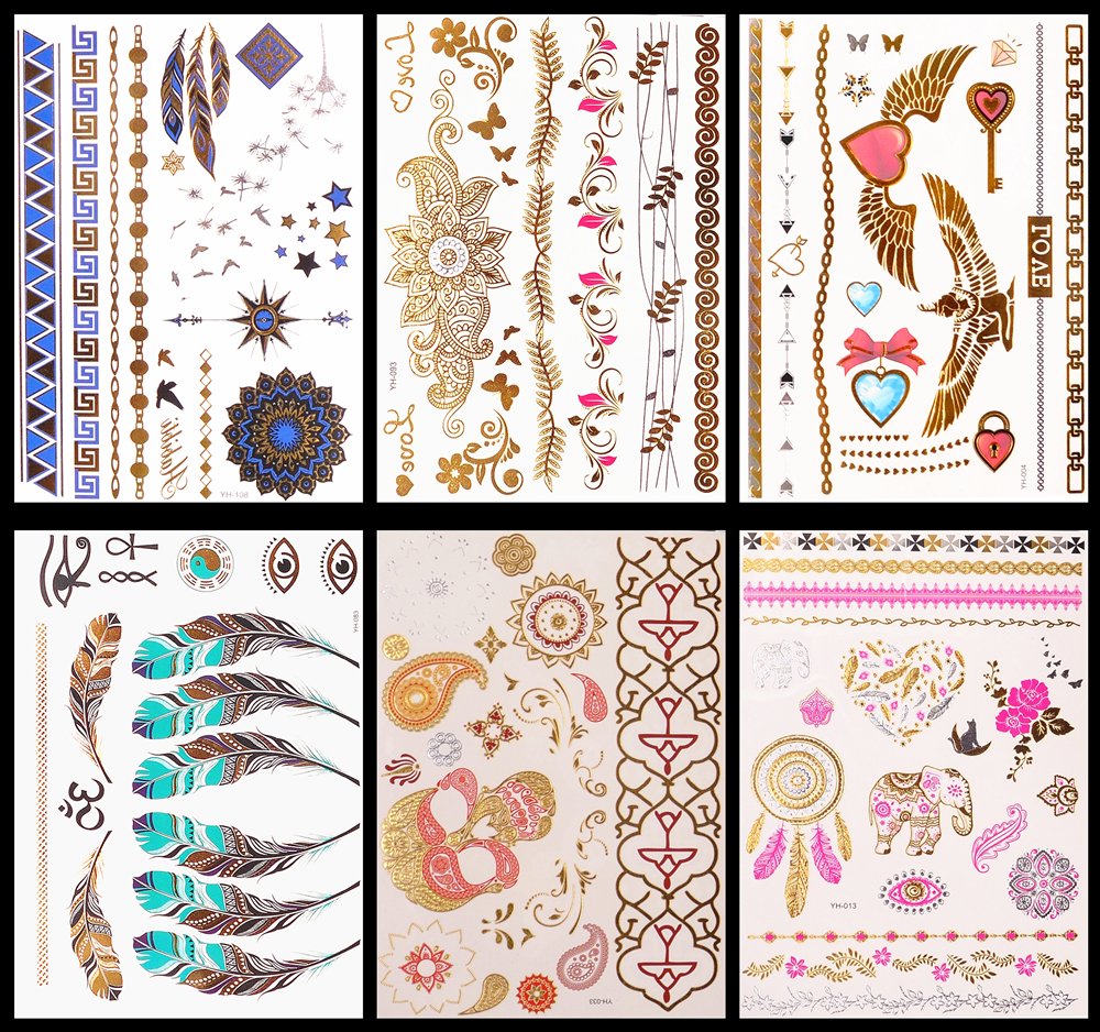 10 Sheets Assorted Metallic Flash Temporary Jewellery Tattoos, Waterpr JZK
