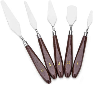5 Piece Set of Stainless Steel Palette Knives with Wooden Handles Oil Painting