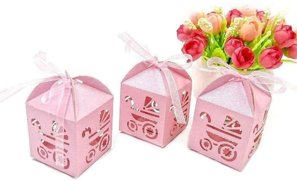 48 x rosafarbene Geschenkschachteln für Baby-Kinderwagen, Perlmuttpapier, Süßigkeiten für Mädchen, Babyparty, Geburtstagsfeier