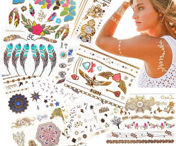 10 Sheets Assorted Metallic Flash Temporary Jewellery Tattoos, Waterproof (A)