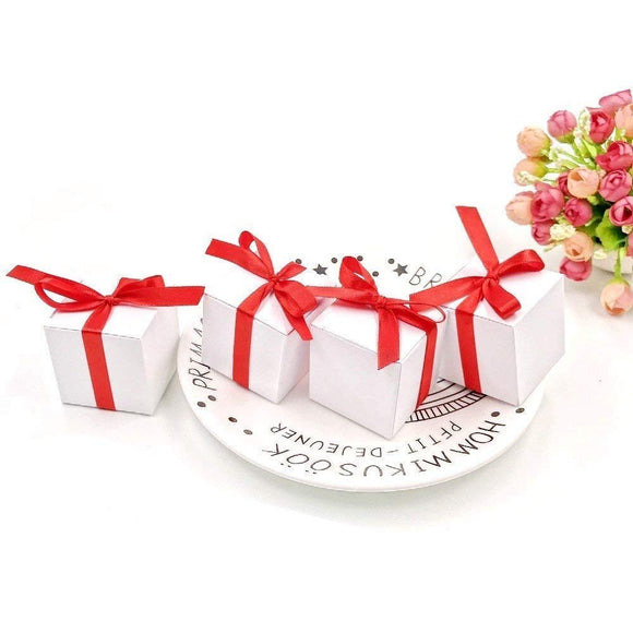 50 Blank white wedding birthday paper sweet boxes with red ribbons