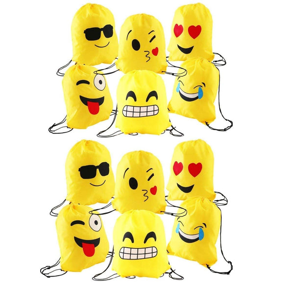 Sac à dos à cordon de serrage, joli dessin animé emoji, sacs PE pour enfants et adultes, remplisseurs de sacs de fête d'anniversaire, 12 pièces