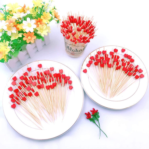 200 x rote Herz-Cocktailspieße aus Bambusholz, 12 cm lang, Zahnstocher für Party-Knabbereien, Tapas-Sandwich