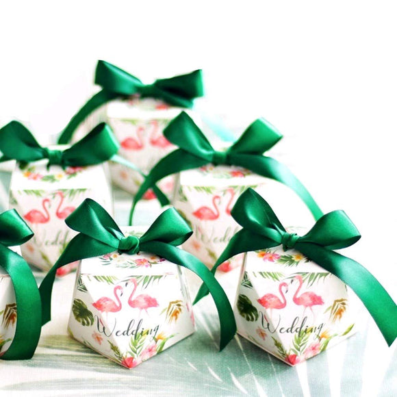 50 Diamond shape flamingo “wedding” white favour boxes with green ribbons paper sweets box