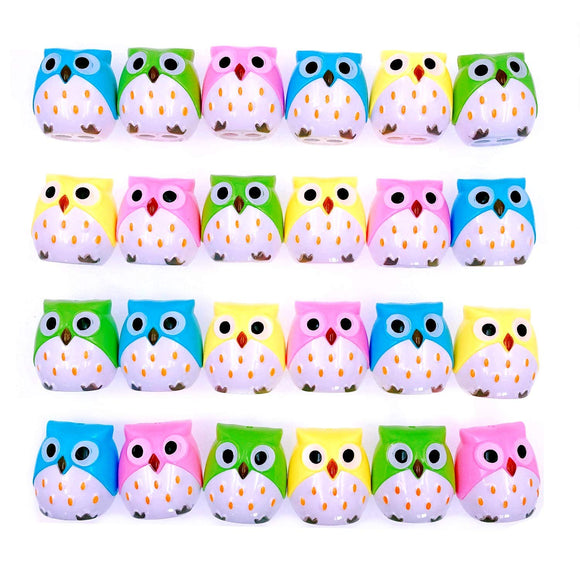 JZK 24 x Novelty two holes pencil sharpener with container owl toy for children birthday favours kids party bag filler thank you gift game prizes for girls boys