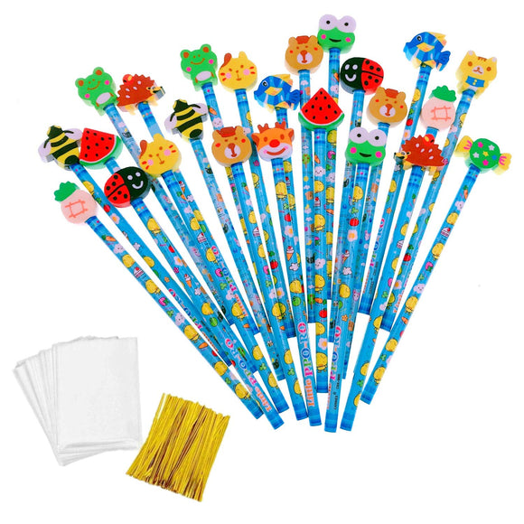 24 x Blue wooden graphite pencils set with cartoon rubber erasers kids children party favours give