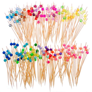 200 Cocktailspieße aus Bambusholz mit bunten Acrylperlen, 12 cm lang, Zahnstocher, Party-Knabbereien, Tapas