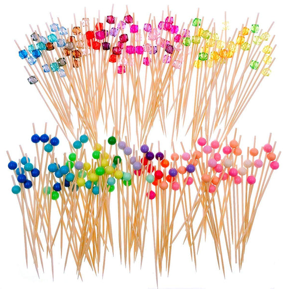200 Cocktailspieße aus Bambusholz mit bunten Acrylperlen, 12 cm lang, Zahnstocher, Party-Knabbereien, Tapas