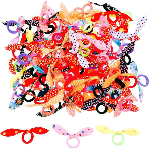 100x Colorful Rabbit Ear Hair Bands Cute Elastic Ponytail Holder Pigtails or Braids Hair Accessories