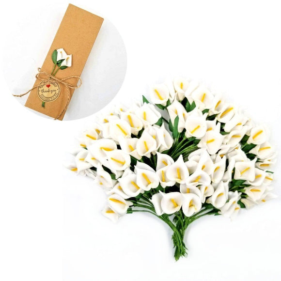 144 petites fleurs artificielles de lys Calla blanc, pour décoration de boîte-cadeau, mariage, anniversaire