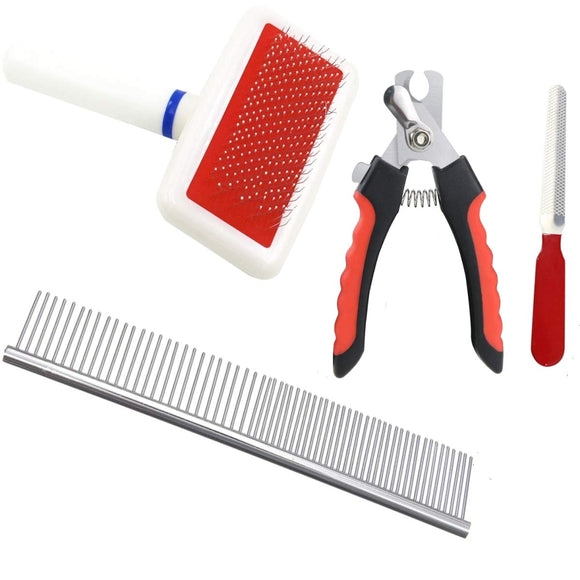 Pet Grooming Kit - Pet Nail Clippers Pet nail file Pet Slicker Brush Metal Pet Comb (Pack of 4)