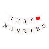 Just married bunting banner flags with ribbon, decoration wedding feast or photo booth photography