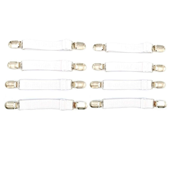 8 x weiße, verstellbare, elastische Bettlaken-Befestigungsklammern, Matratzen, Bettlakengreifer, Hosenträgerhalter