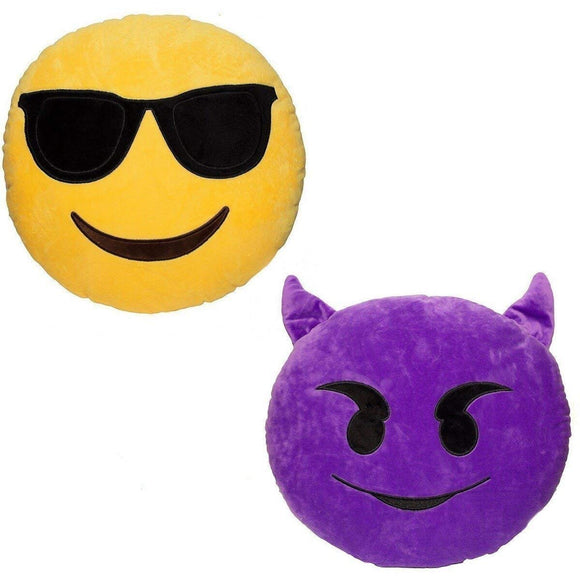 2 x Stuffed plush Emoji cushion devil + cool face 12 inch Emoji pillow