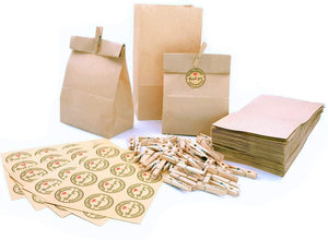 50x Sac en papier kraft marron 21,5x12x7cm + 50x Pinces en bois + 50x Autocollants "Merci"