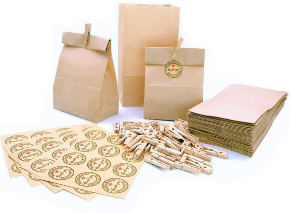 50x Brown Kraft Paper Bag 21.5x12x7cm + 50x Wooden pegs + 50x