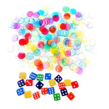 300 x compteurs transparents en plastique multicolores 19mm + 20 x dés ponctuels, marqueurs de jetons de bingo jeu de bingo