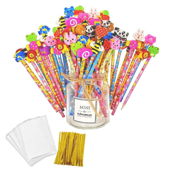 50 x ensemble de crayons graphite en bois avec gommes en caoutchouc de dessin animé pour enfants cadeaux de fête à offrir