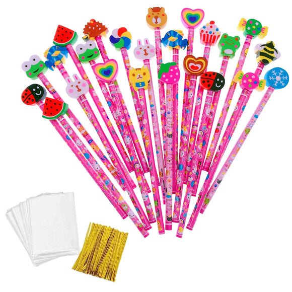 24 x Pink wooden graphite pencils set with cartoon rubber erasers kids children party favours give