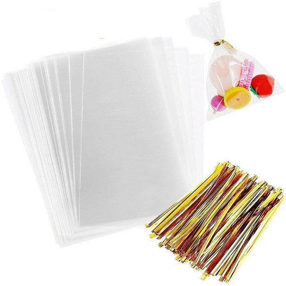 200 Clear rectangle sweet bags with ties cellophane party treat bags for sweets snacks confetti