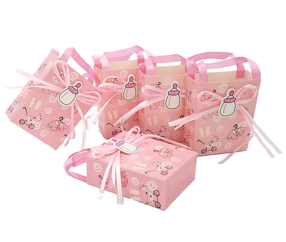 24 x Sac de faveur de fête prénatale rose, sac doux pour fille, mini sac en papier de fête pour fête d'anniversaire de bébé fille