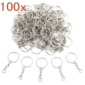 100 x geteilte Metall-Schlüsselanhänger, 25 mm, mit Gliederkette + Mini-Öffnungsringe für die Arbeit im Auto und im Haus