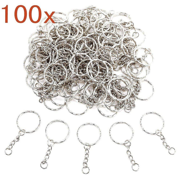 100 x geteilte Metall-Schlüsselanhänger, 25 mm, mit Gliederkette + Mini-Öffnungsringe für die Arbeit im Auto und im Haus