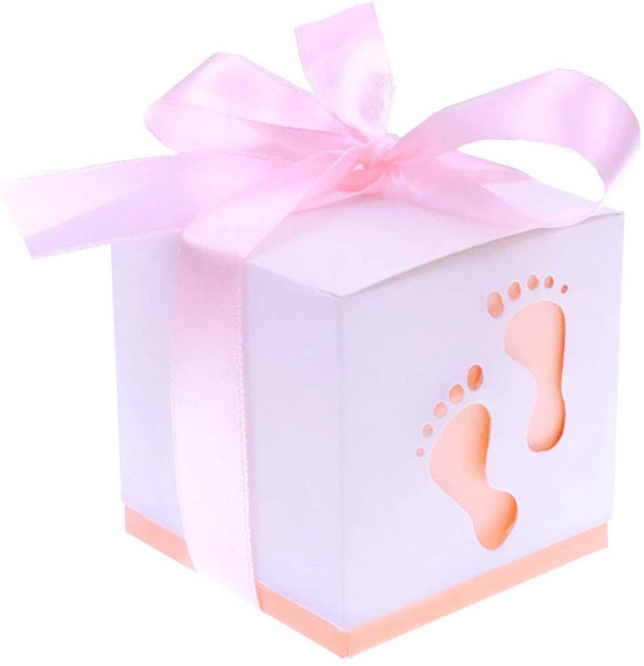 50 x rosa Fußabdruckpapier-Geschenkboxen für Babypartys, Mädchen, Babyparty, Geburtstagsfeier, Taufe, Party