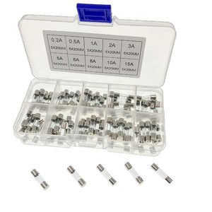 100 x flinke Glassicherungen, Set 20 x 5 mm, flinke Amperewerte 0,2 A, 0,5 A, 1 A, 2 A, 3 A, 5 A, 6 A, 8 A, 10 A, 15 A