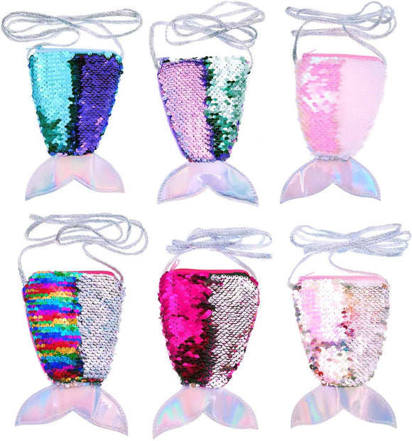 6 x Mermaid Tail Sequins Coin Purse with Strap for Young Girls Birthday Party Favours Thank You Gift