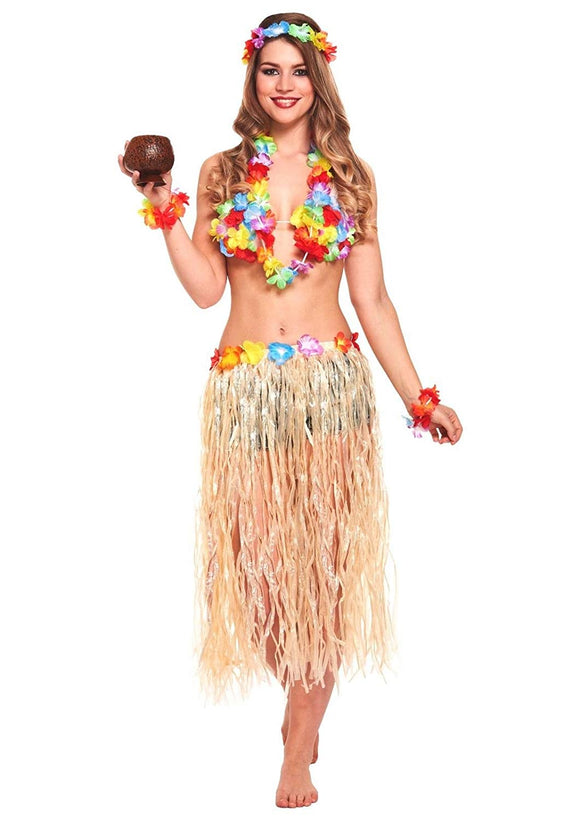 5 en 1 fête hawaïenne déguisement ensemble jupe hula fleur bandeau bracelet guirlande collier