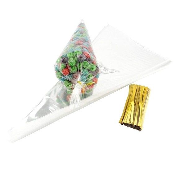 Sacs à bonbons en forme de cône transparent, avec attaches, en cellophane, pour friandises, collations, mariage, anniversaire, 100