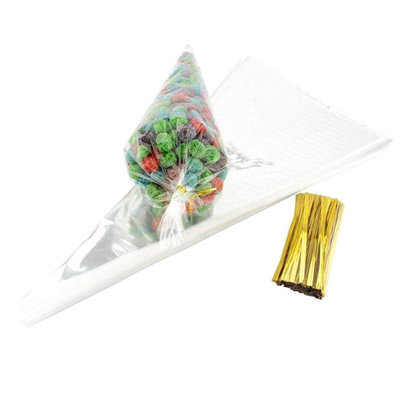 100 Clear cone sweet bags with ties cellophane party treat bags for sweets snacks wedding birthday