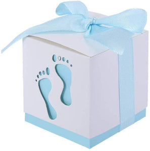 50 x blaue Babyparty-Geschenkboxen aus Papier mit Fußabdruck für Babyparty, Jungengeburtstag, Taufe