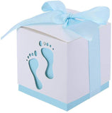 50 x blaue Babyparty-Geschenkboxen aus Papier mit Fußabdruck für Babyparty, Jungengeburtstag, Taufe