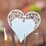 50 x perlweißes Herz auf Weinglas, schimmernde, lasergeschnittene Namenskarten, Tischkarten, Tischnummern, Dekoration