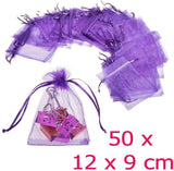 50 x lila Organza-Gastgeschenktüten, Konfetti-Süßigkeitenbeutel, 12 x 9 cm, kleine Beutel mit Kordelzug für Hochzeit