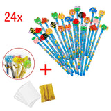 24 x Blue wooden graphite pencils set with cartoon rubber erasers kids children party favours give
