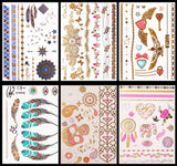 10 Sheets Assorted Metallic Flash Temporary Jewellery Tattoos, Waterproof (A)