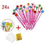 24 x Pink wooden graphite pencils set with cartoon rubber erasers kids children party favours give