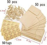 50x Brown Kraft Paper Bag 21.5x12x7cm + 50x Wooden pegs + 50x"Thank You‘’ Stickers