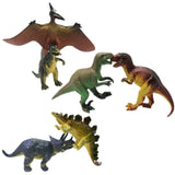 6 verschiedene Spielzeug-Dinosaurierfiguren: Triceratops, Pterodaktylus, Stegosaurus, Allosaurus, Tyrannosaurus Rex