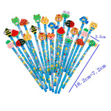 24 x Blue wooden graphite pencils set with cartoon rubber erasers kids children party favours give