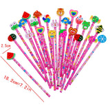 24 x Pink wooden graphite pencils set with cartoon rubber erasers kids children party favours give