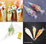 100 durchsichtige, kegelförmige Süßigkeitentüten mit Bändern, Zellophan-Partytüten für Süßigkeiten, Snacks, Hochzeit, Geburtstag