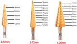 3 x titanbeschichteter Stufenbohrer, 4–12 mm, 4–20 mm, 3–12 mm HSS-Stufenkegelbohrer