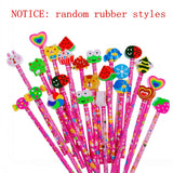 24 x Pink wooden graphite pencils set with cartoon rubber erasers kids children party favours give
