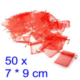 50x Red organza bags party favour confetti small gift 7x9 cm, for candy, jewelry, beads, dry flower