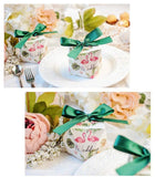 50 Diamond shape flamingo “wedding” white favour boxes with green ribbons paper sweets box