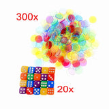 300 x compteurs transparents en plastique multicolores 19mm + 20 x dés ponctuels, marqueurs de jetons de bingo jeu de bingo